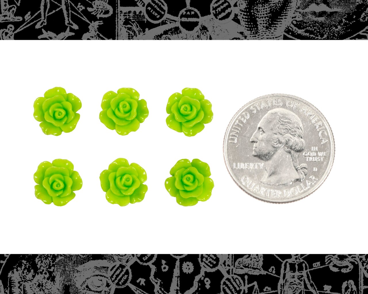 Lime Green Miniature Full Blooming Rose Cameo Cabochons 9mm - Set of Six - Flwr115
